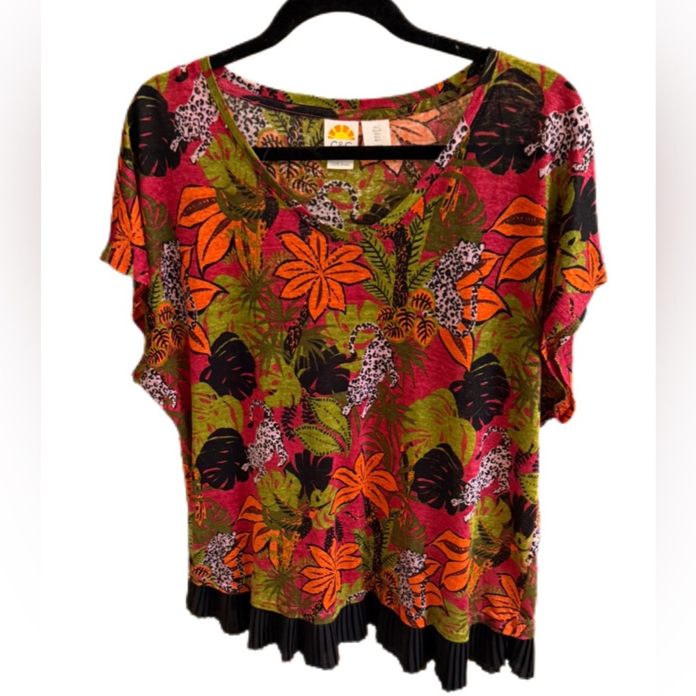 C&C California 100% Linen Tropical Resort Boho Floral Animal Top Size L